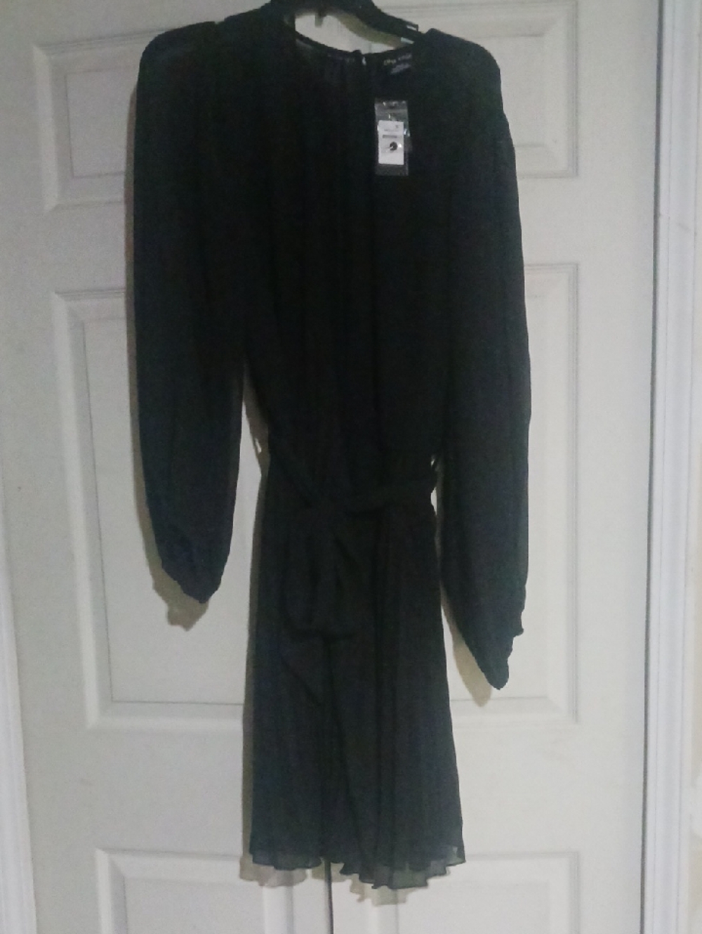 City Chic Black Textured Dress with Tie Waist and Slip Underlayment
